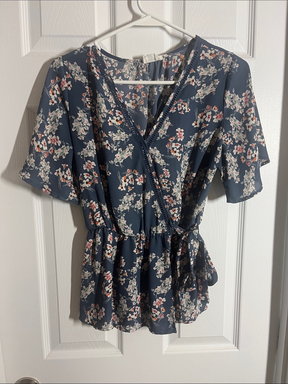 Floral Wrap Peplum Top -Blue